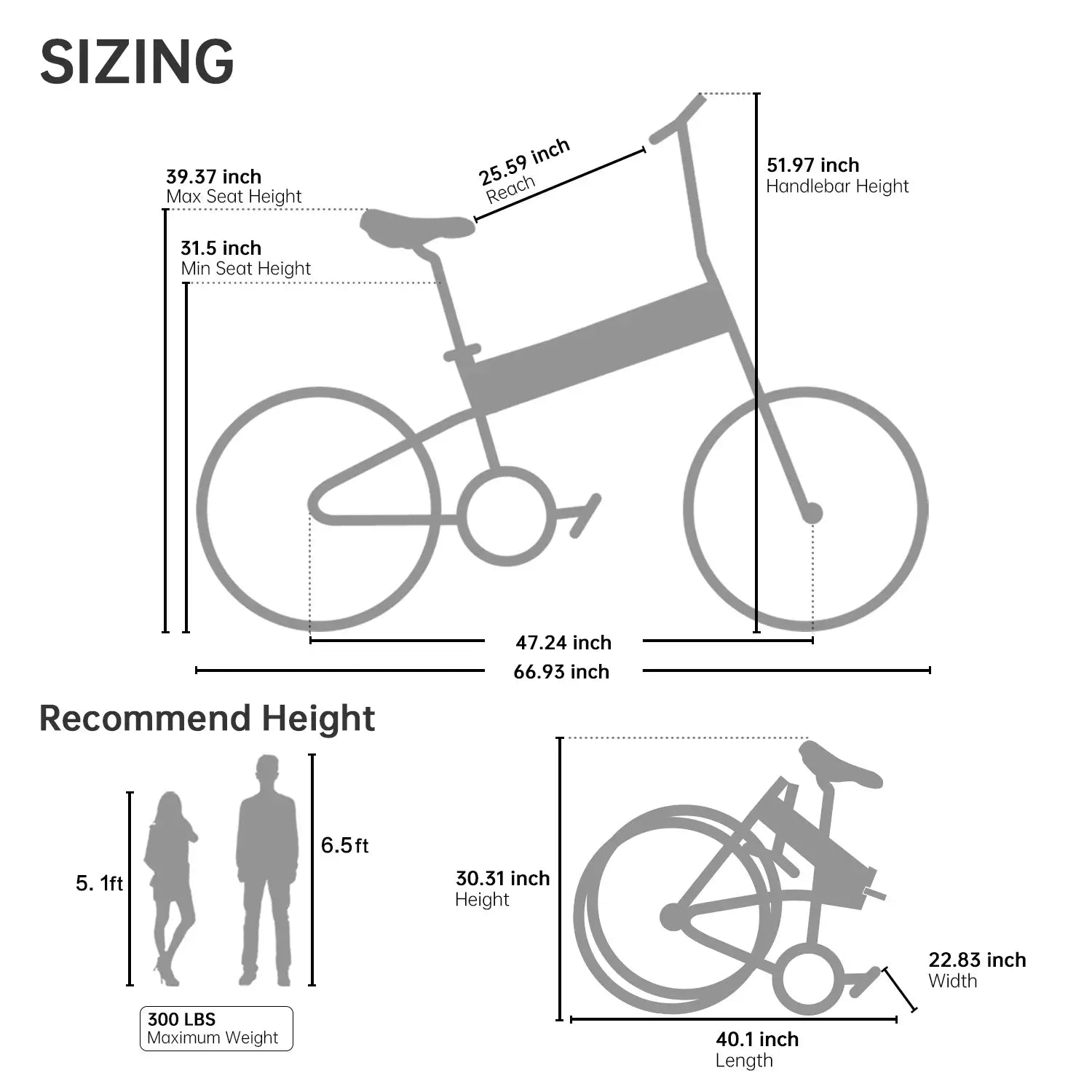 Yamee Fat Bear 750S PRO Fat Tire Dual Suspension Folding Electric Bike Sizing Chart Rider Measurements