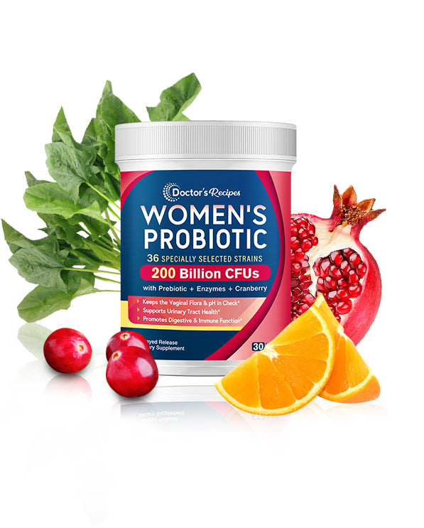 doctor's recipes women's probiotics bottle with fruits, vegetables, cranberry