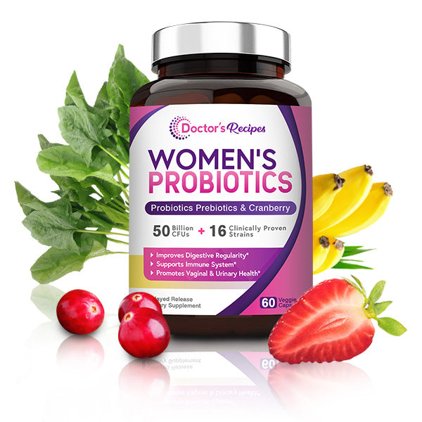doctor's recipes women's probiotics bottle with fruits, vegetables, cranberry