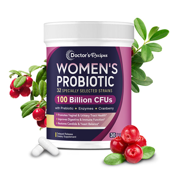 doctor's recipes women's probiotics bottle with fruits, vegetables, cranberry