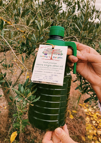 bottle of fresh extra virgin olive oil surrounded by olive trees award winning mother's garden