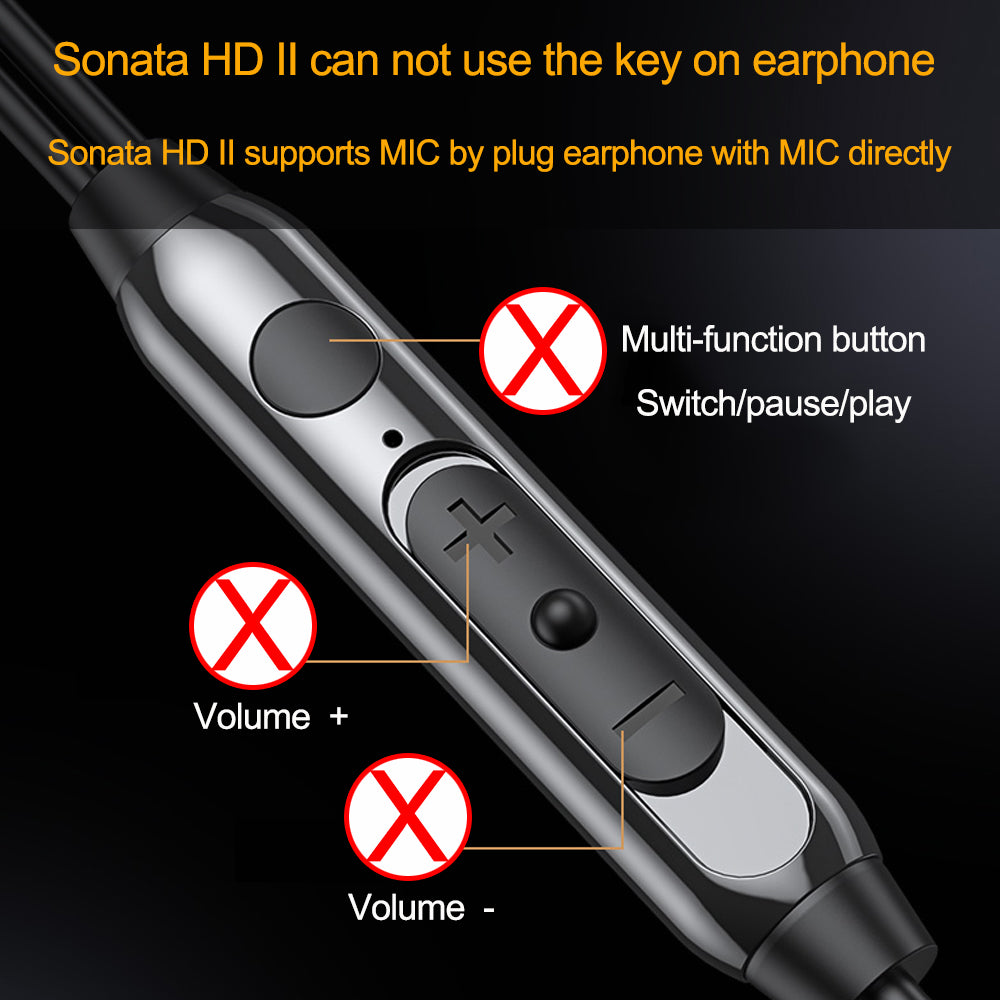 Sonata HD II cannot use the key on earphone.   Sonata HD II supports mic by plug earphone with mic directly.