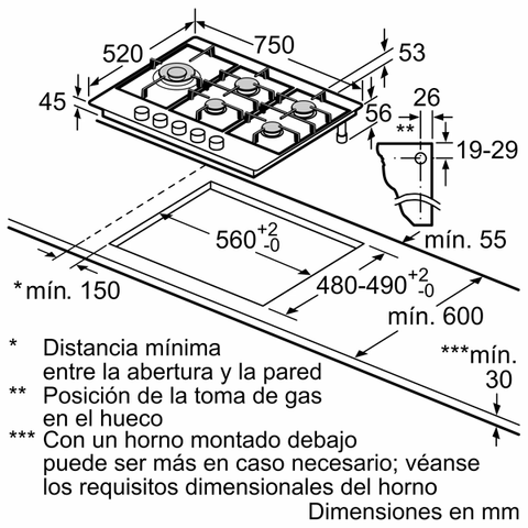 plano de medidas del anafe a gas bosch de 5 hornallas acero inox