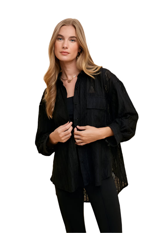 TEEK - Black Openwork Button Down Drop Shoulder Shirt