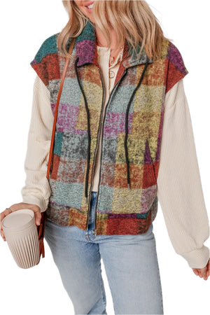 TEEK - Plaid Zip Up Collared Neck Vest Jacket - TEEK