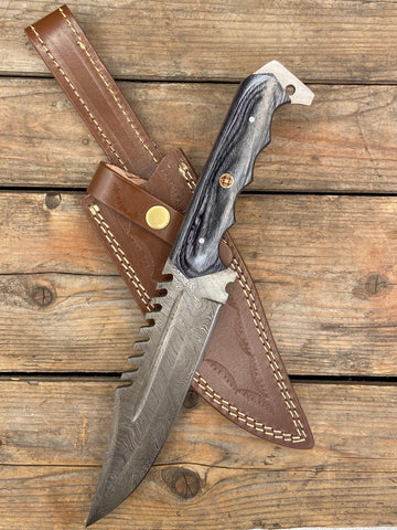 A 12" Damascus steel full-tang Bowie knife with a grey handle