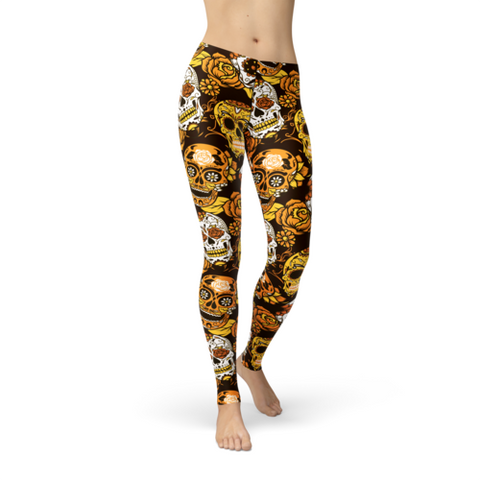 Avery orange sugar skull leggings to wear at burning man festival 2022