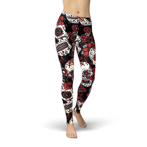 jeans red and black sugar skull leggings to wear at burning man festival 2022 
