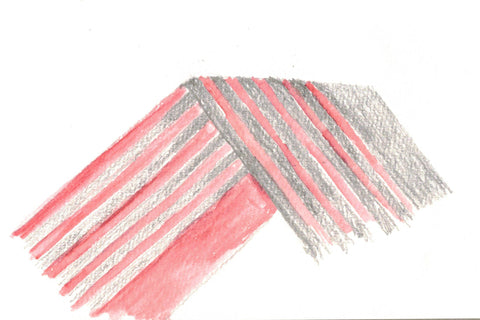 A simple sketch of a table runner showing bold stripes in gray and red that have reversible sides.