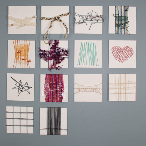 Image of 14 small weavings displayed in a grid. They are varying colors and styles.