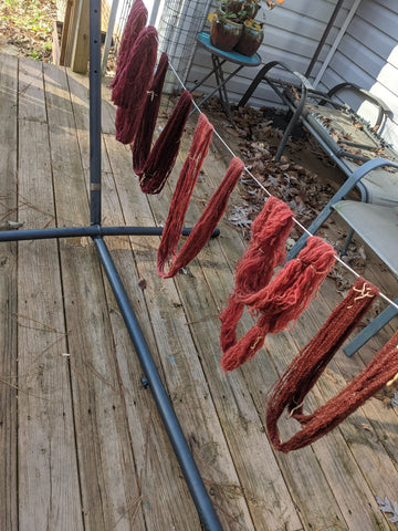 Dyed yarn hung to dry.