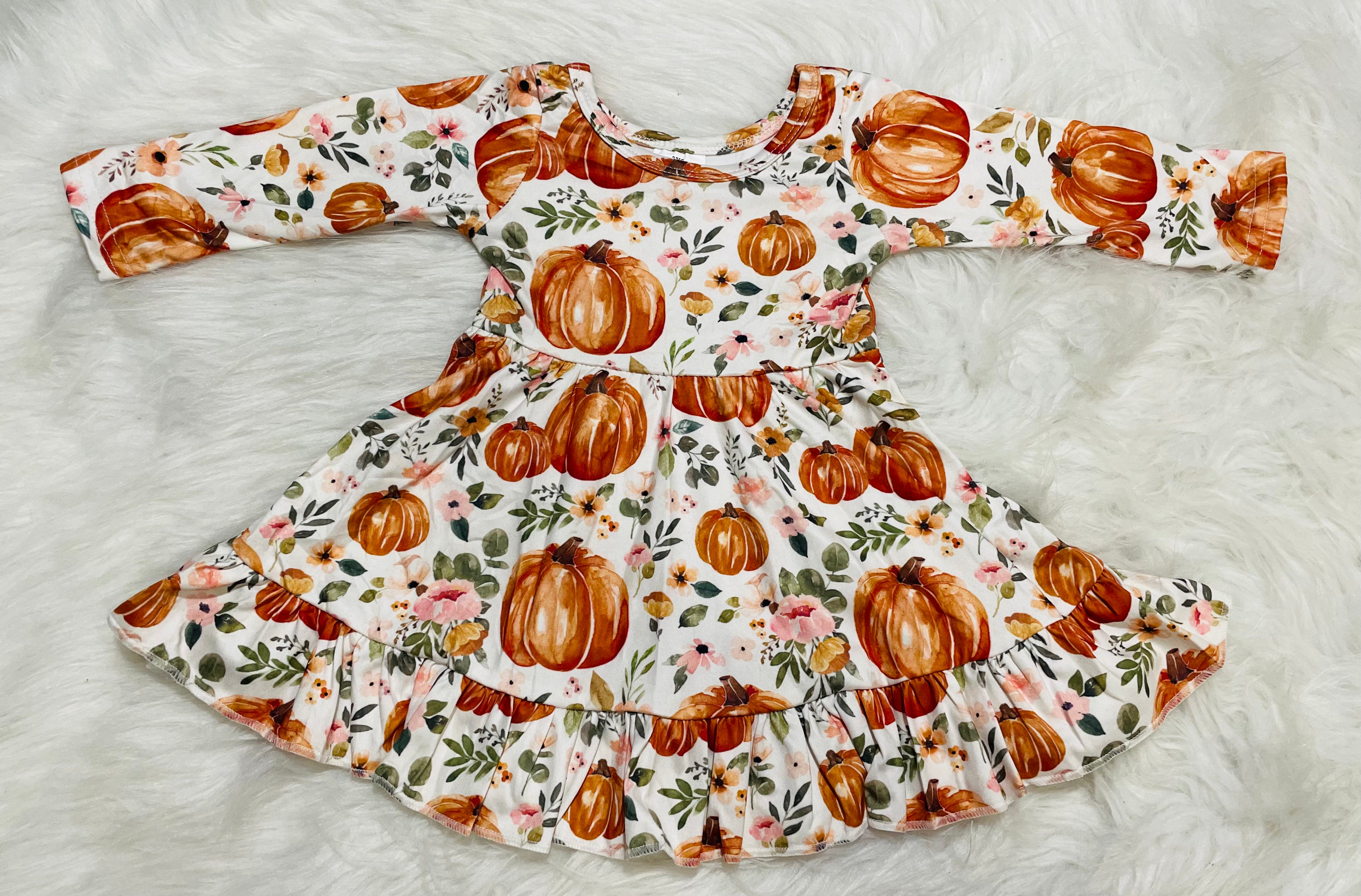 Pumpkin Floral Long Sleeve Dress (RTS)