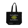 Shopify Supply: Front of black Builder Tote that reads “For Builders. By Builders.” with a yellow globe. 