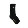 Shopify Supply: Front of black Render Socks featuring the Shopify bag glyph and {%render sock} on bottom. 