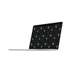 A laptop with a black Shopify Supply digital wallpaper with purple, dark green, and lime green dollar signs.