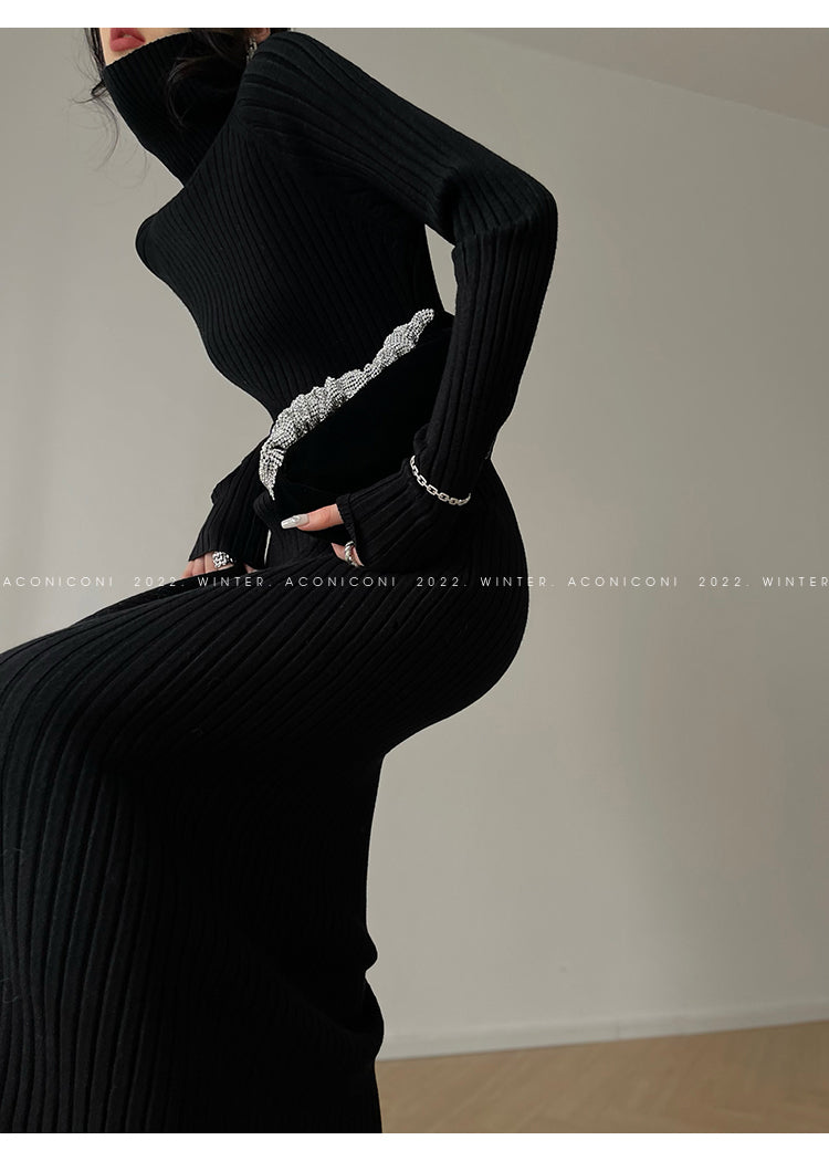 Black Aconiconi｜Chayun mousse turtleneck knitted dress long slim v-neck sweater dress- Leticia