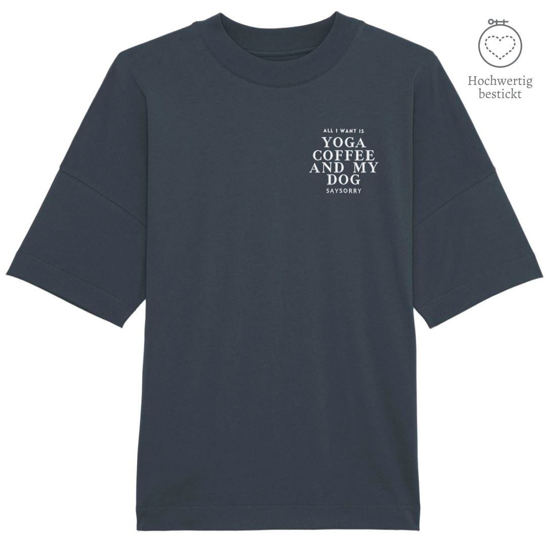 100% organic unisex T-Shirt »All I want is Yoga Coffee and my Dog« hochwertig bestickt Shirt SAYSORRY India Ink Grey XXS 