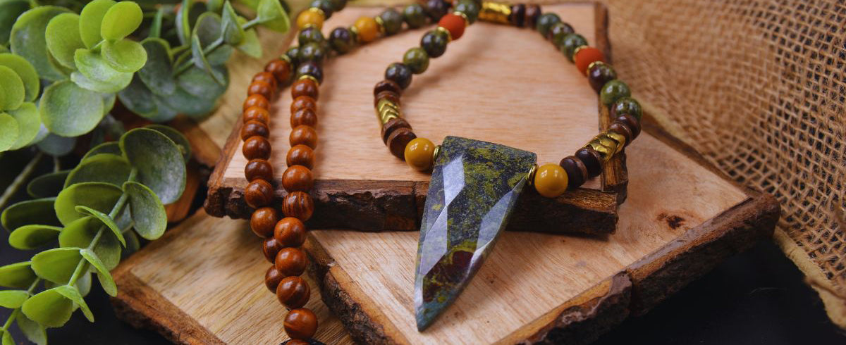 Image show men's gemstone necklace with dragon blood jasper pendant by Emerald Sun Creations