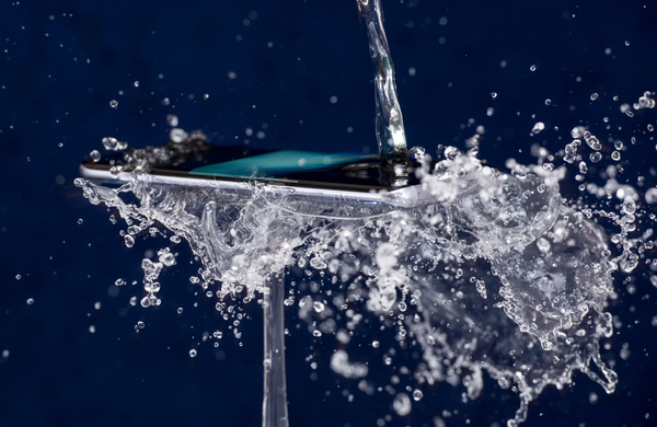 A smartphone being splashed with two streams of water from the top and bottom.