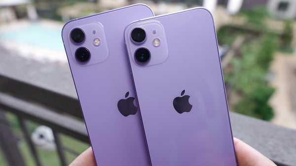 Purple iPhone 12 and iPhone 12 mini next to each other