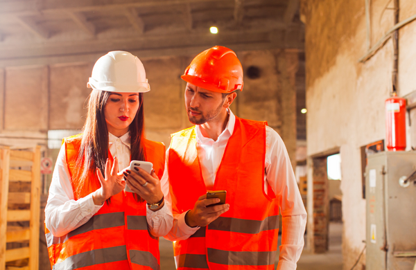 Two workers on a construction site wearing high-vis vests over the top of white button up shirts. The female is wearing a while hard hat while the man is wearing an orange one. They are both holding smartphones in their hands but both intrigued by what is on the female's phone as she is pressing something on the screen. 
