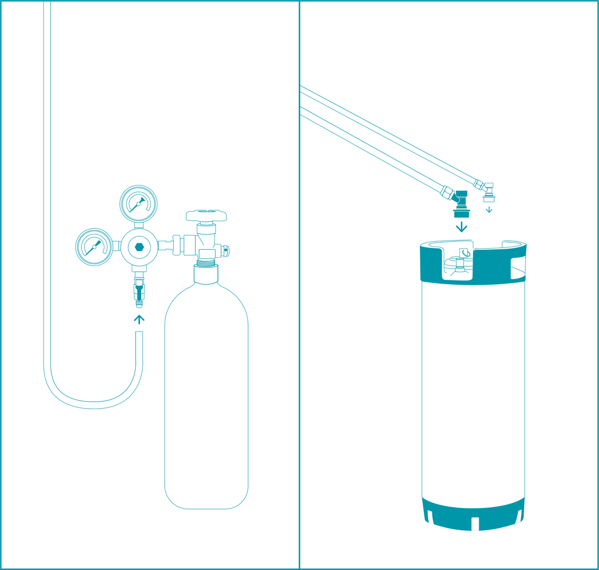 Connect gas line to N2 regulator, connect gas and beverage linea to keg