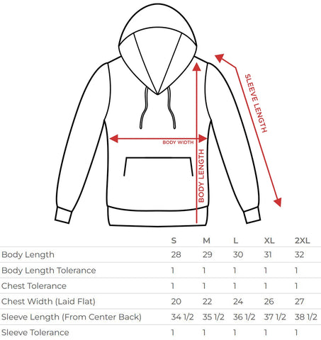 pullover hoodie size chart