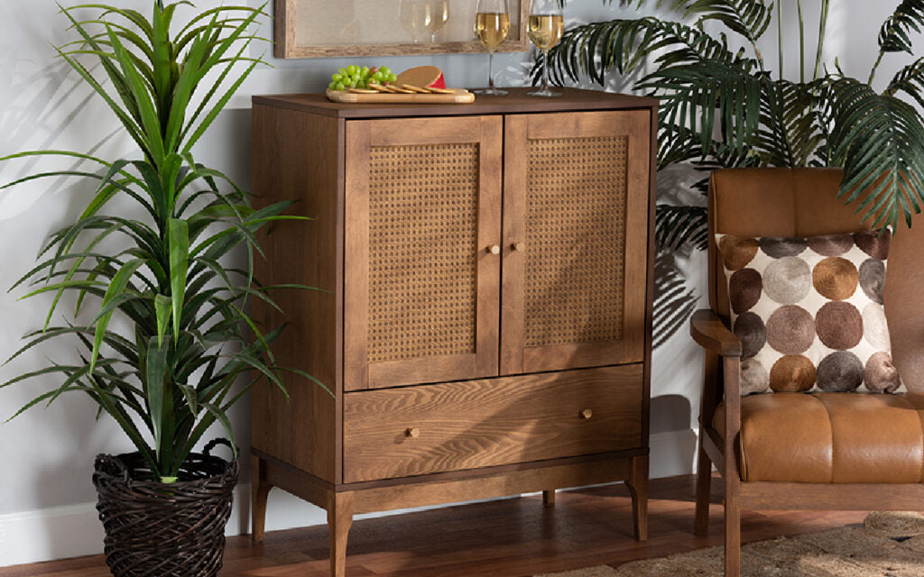 Maureen Mid-Century Modern Espresso Brown Wood And Rattan Cabinet