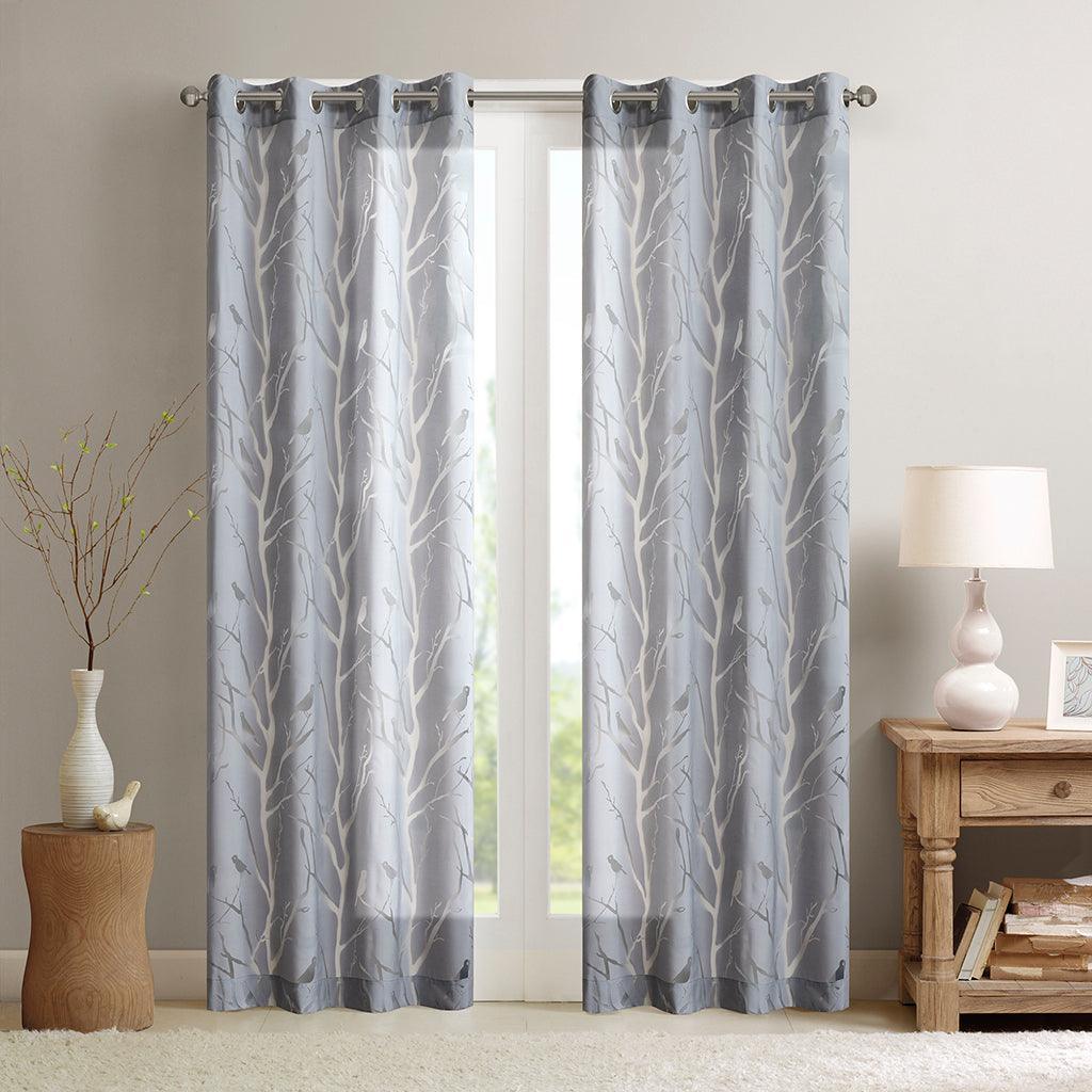 Averil 63" Grommet Top Sheer Bird on Branches Burnout Window Curtain Gray