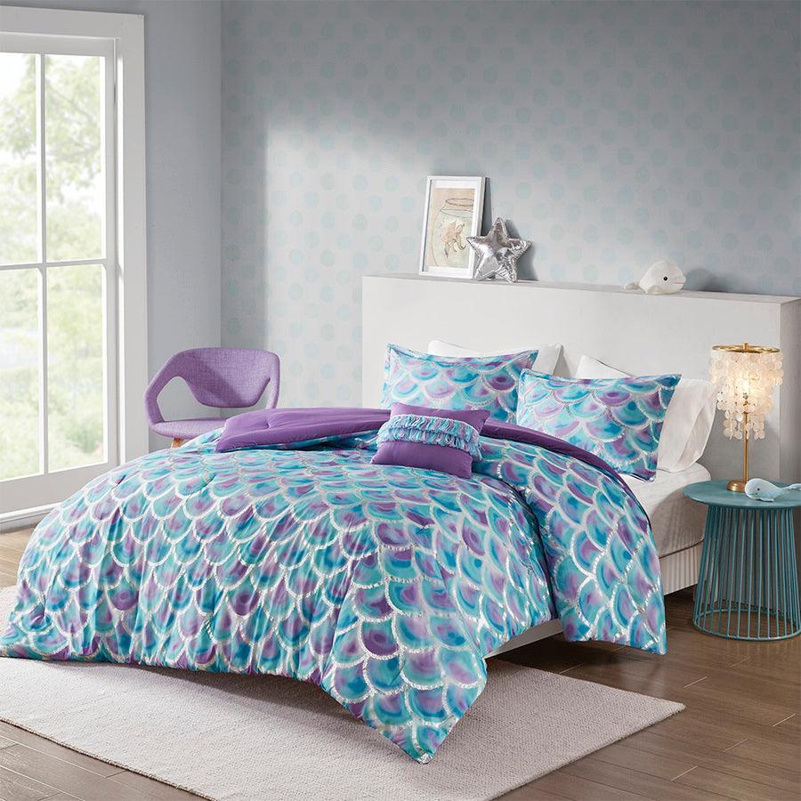 Shop Pearl Metallic Printed Reversible Comforter Set Aqua & Purple