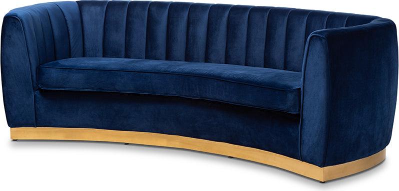 Nevena Glam Royal Blue Velvet Fabric Upholstered Gold Finished Sofa