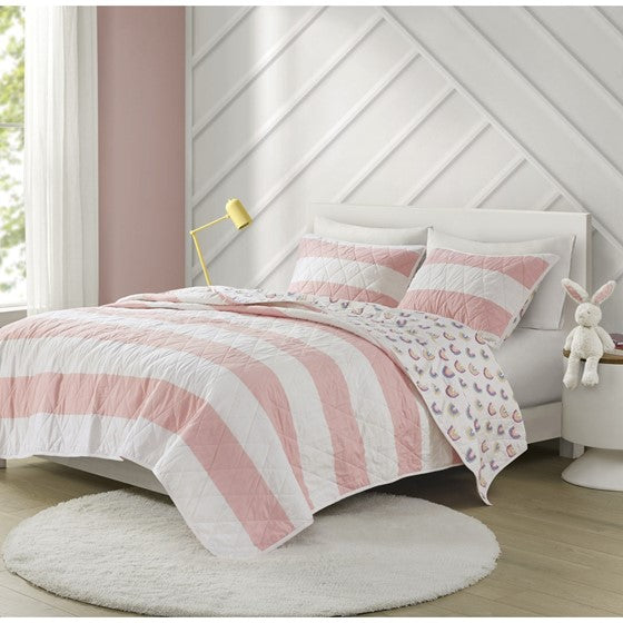 Shop Cotton Cabana Stripe Reversible Quilt Set with Rainbow Reverse Pink, Coverlet