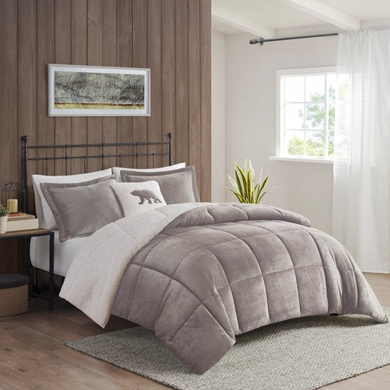 Shop Color Block Overfilled Sherpa Comforter Set Grey/Ivory