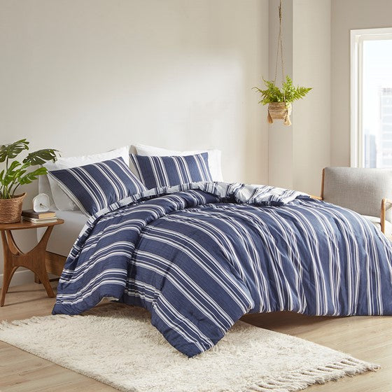 Shop Striped Reversible Comforter Set Navy, Comforters & Blankets
