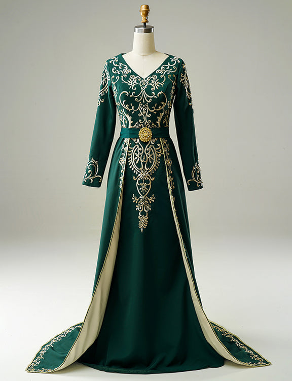 Dressself Vert Robe Orientale avec Broderie Caftan Marocain Luxueux