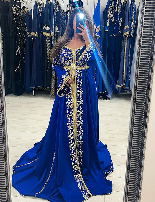 Dressself Caftan Satin Bleu Royal Kaftan Marocain Robe de Soirée