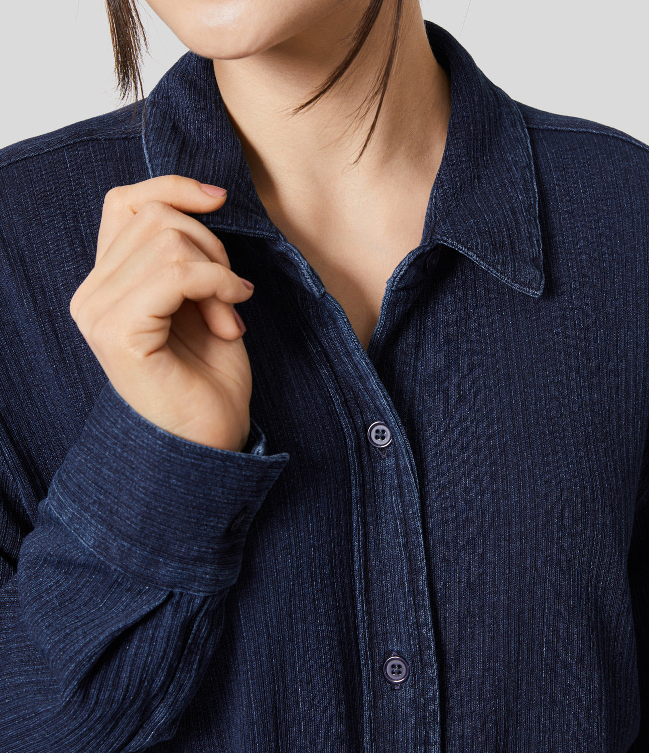 

Halara Halaramagicв„ў Collared Button Front Belted Side Pocket Split Hem Washed Stretchy Knit Denim Casual Shirt Dress - Dark Marl Blue Denim