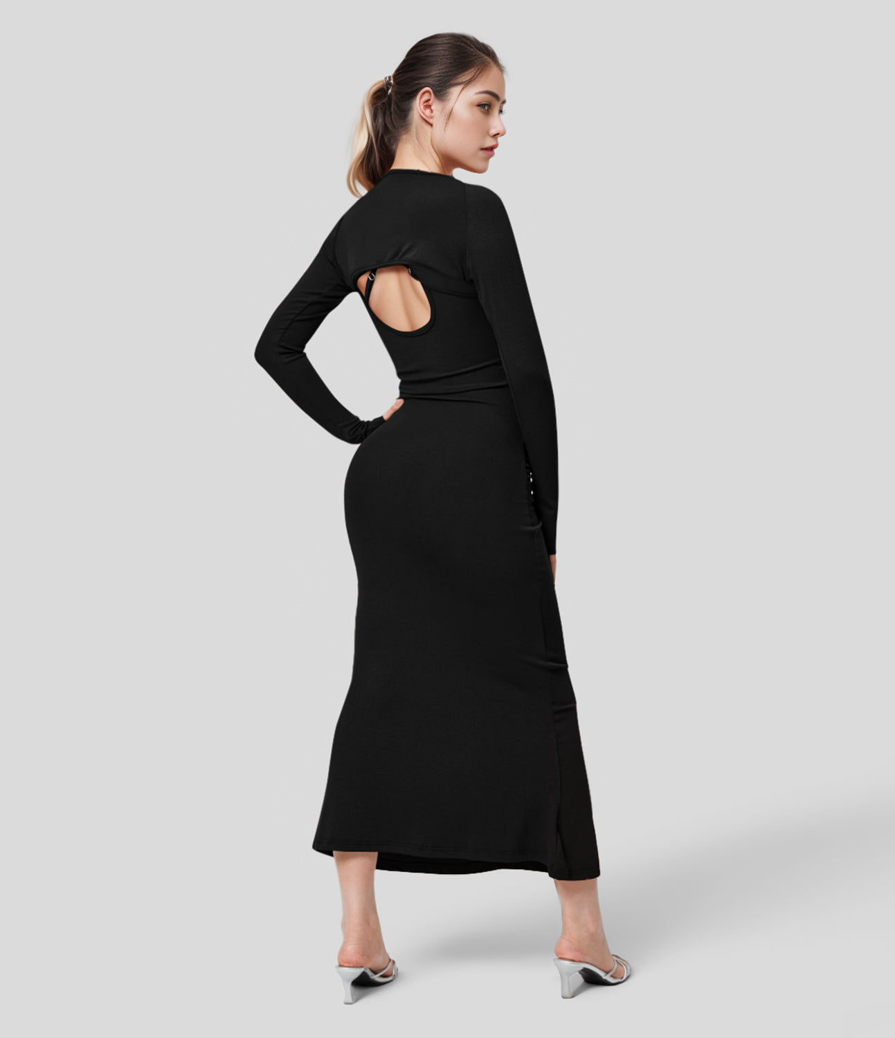 

Halara Adjustable Strap Long Sleeve Ruched Bodycon 2-Piece Midi Casual Dress Casual Dress - Shaved Chocolate -  slip dress beach dress
