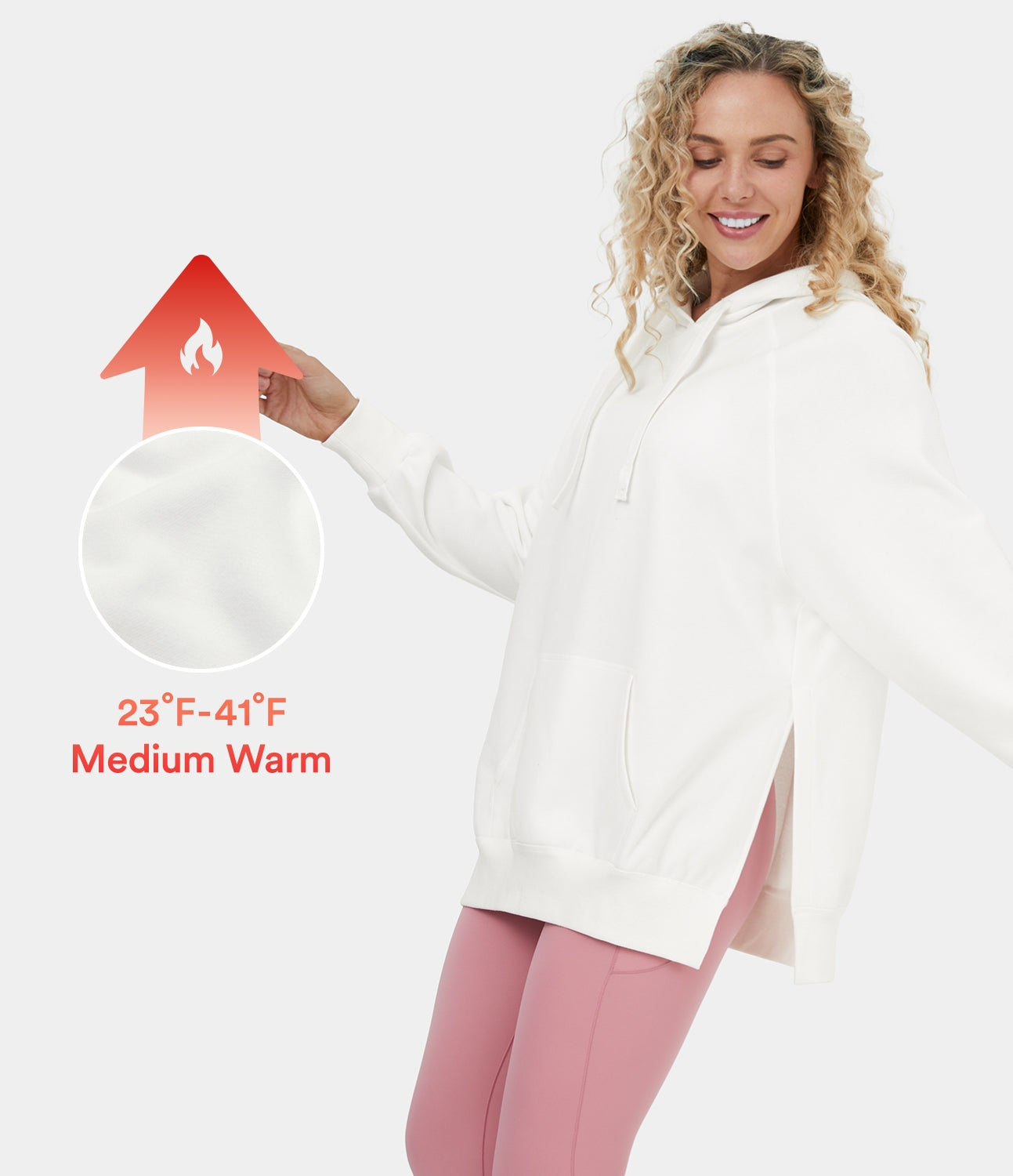 

Halara Hooded Drawstring Kangaroo Pocket Side Split Fleece Casual Cotton Hoodie Sweatshirt - White