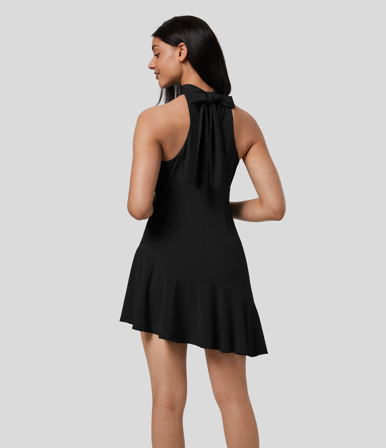 

Halara Breezefulв„ў Halter Tie Back Invisible Zipper Asymmetric Ruffle Hem Mini Quick Dry Casual Dress Casual Dress - Black -  slip dress