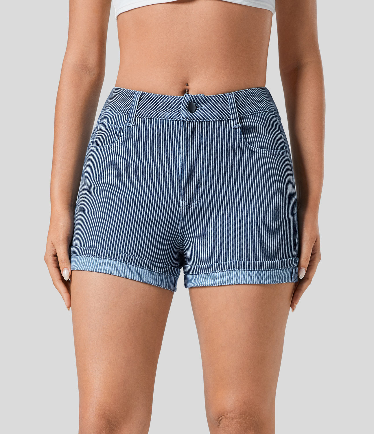 

Halara HalaraMagicв„ў Mid Rise Multiple Pockets Rolled Hem Striped Washed Stretchy Knit Denim Casual Shorts - Navy Blue Striped Denim