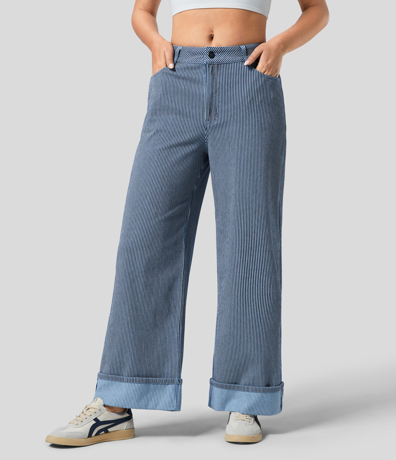 

Halara HalaraMagicв„ў Mid Rise Multiple Pockets Rolled Hem Striped Washed Stretchy Knit Casual Wide Leg Jeans - Navy Blue Striped Denim