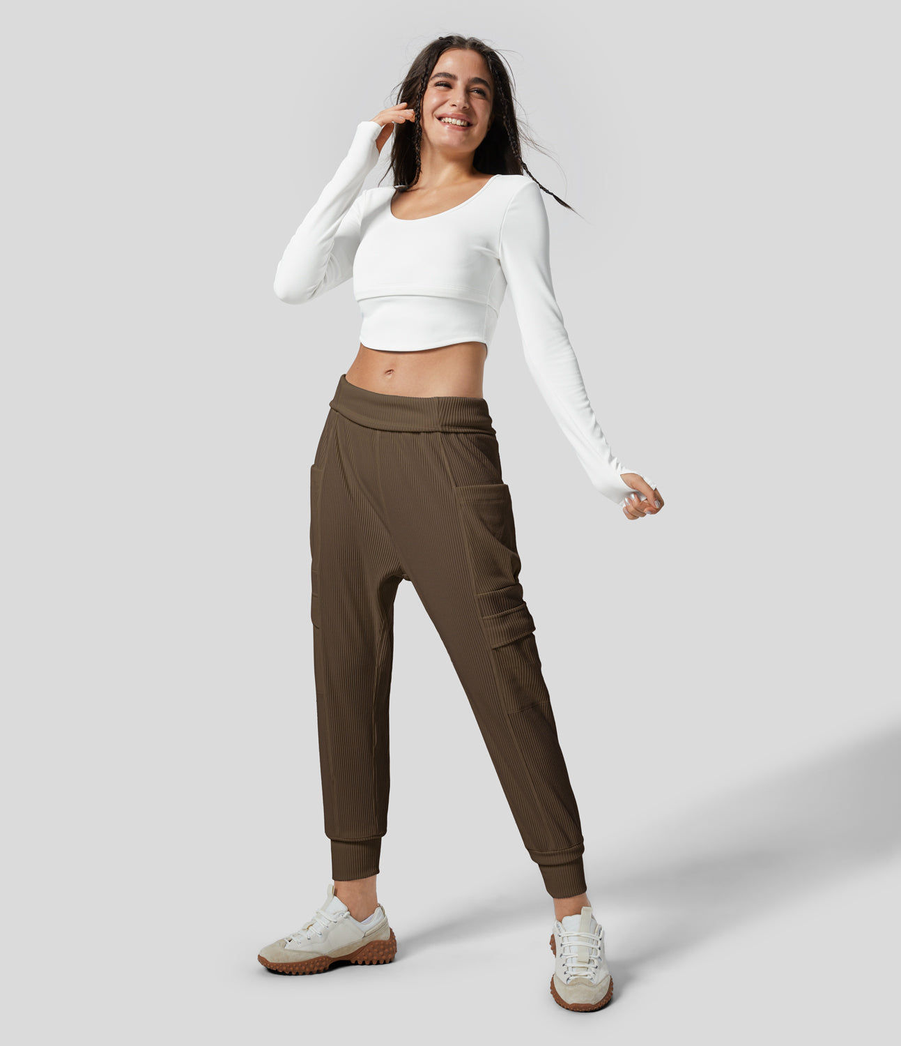 

Halara Ribbed Knit High Waisted Foldover Side Pocket Harem Casual Cargo Joggers - Thick Earthy Brown