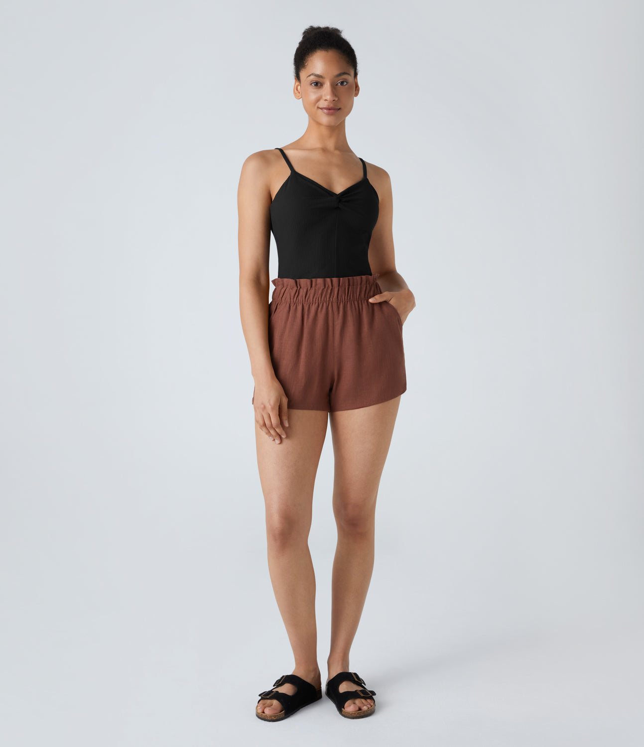 

Halara High Waisted Frill Multiple Pockets Casual Linen-Blend Shorts - Black