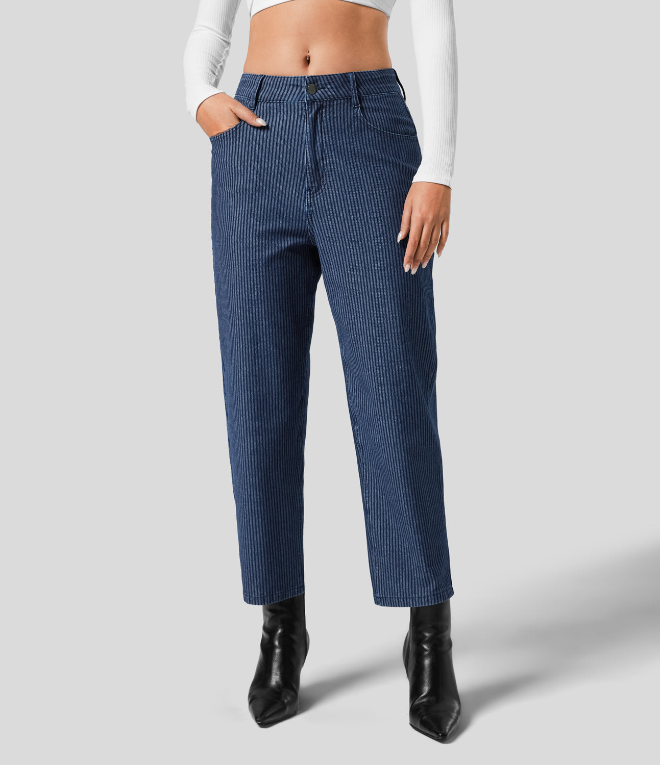 

Halara HalaraMagicв„ў Mid Rise Multiple Pockets Ankle Length Striped Washed Stretchy Knit Casual Mom Jeans - Light Blue Stripe Denim