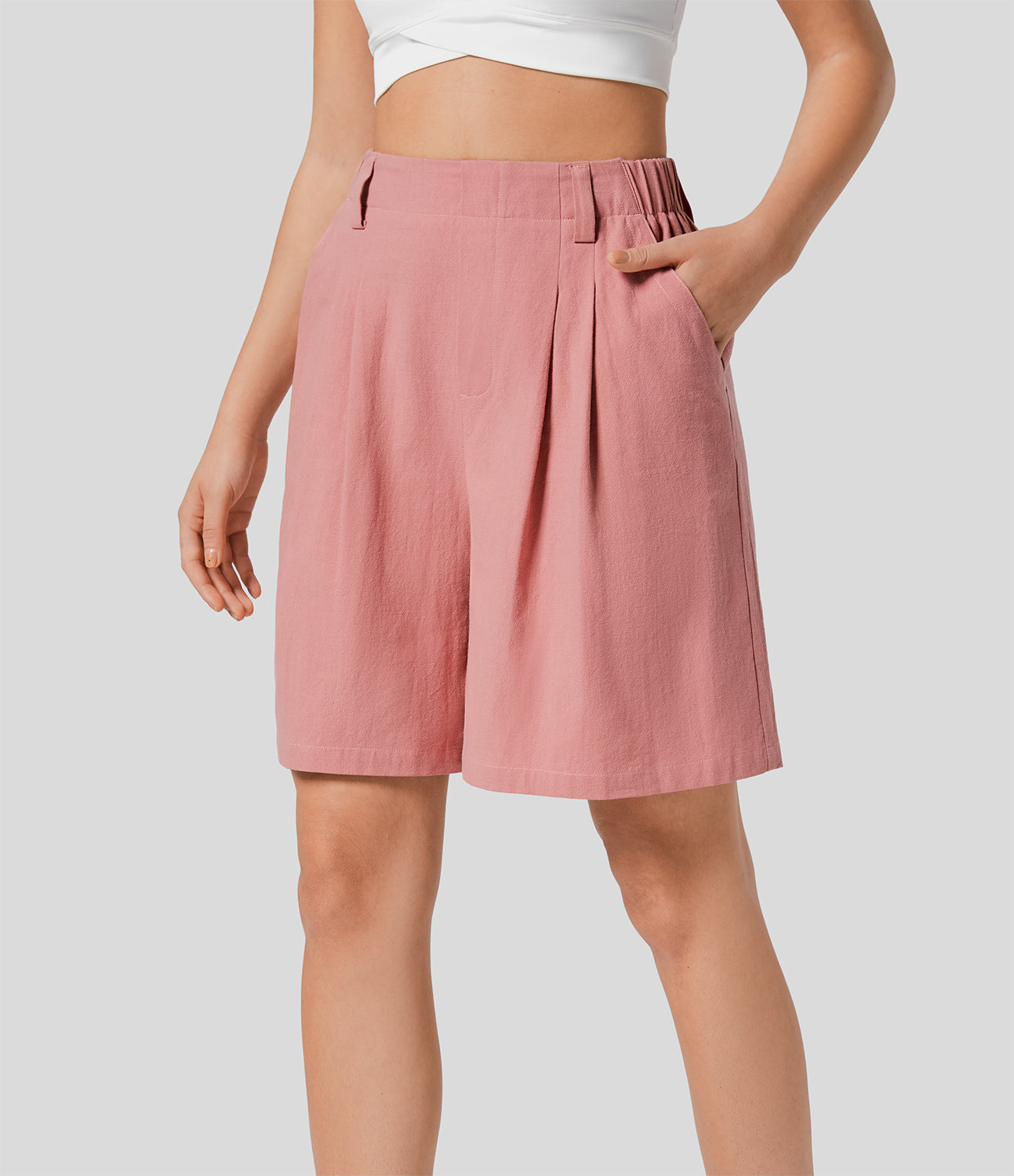 

Halara High Waisted Plicated Side Pocket Wide Leg Casual Linen-Feel Bermuda Shorts - Rosette
