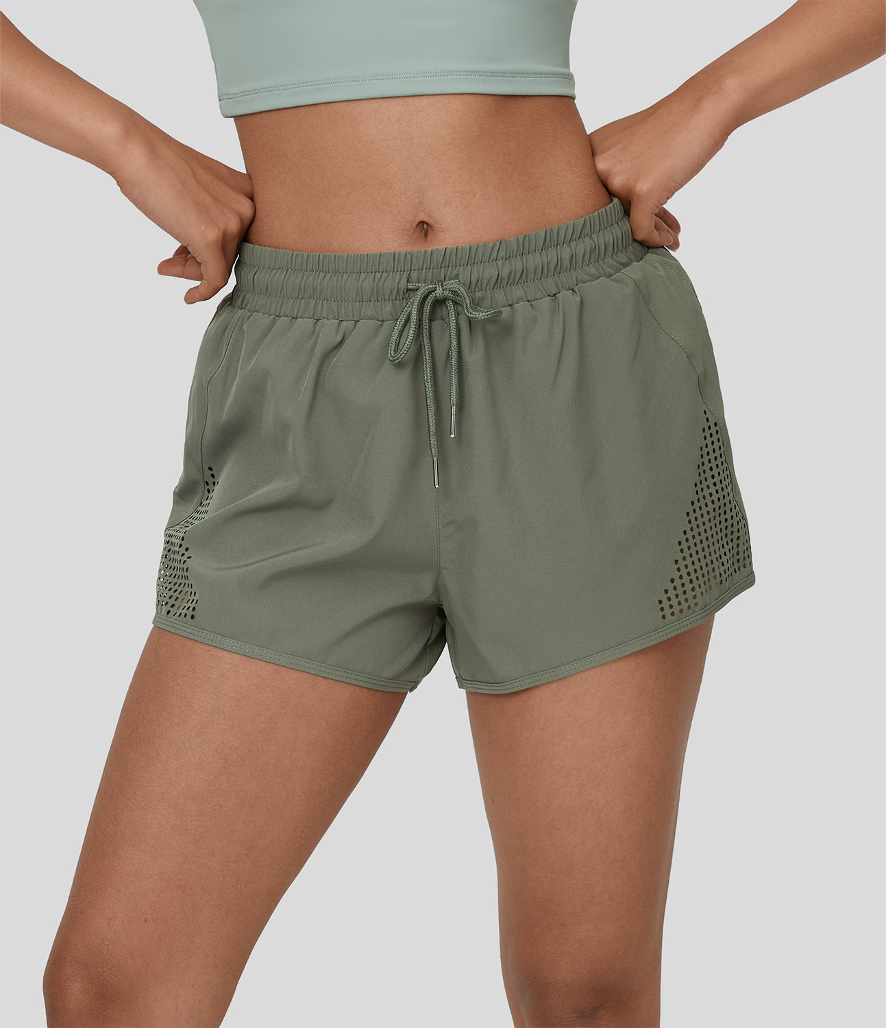 

Halara Mid Rise Drawstring Side Pocket Cut Out 2-in-1 Shorts Gym Short - Deep Olive -  booty shorts compression shorts yoga shorts