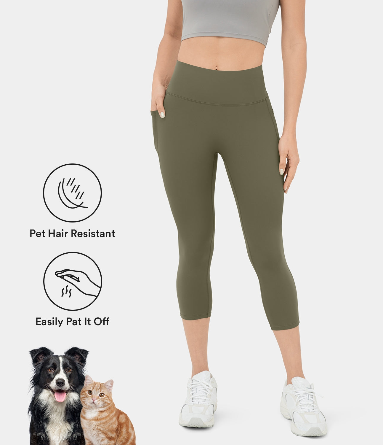 

Halara PatitoffВ® Pet Hair Resistant High Waisted Side Pocket Capri Yoga Leggings - Burnt Olive -  gym leggings leggings with pockets