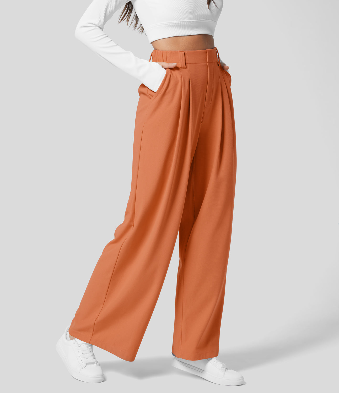 25% Discount! Halara High Waisted Plicated Side Pocket Wide Leg Casual Pants  - Apricot Orange - L(regular) sweatpants jogger pants stacked sweatpants  Halara. Global