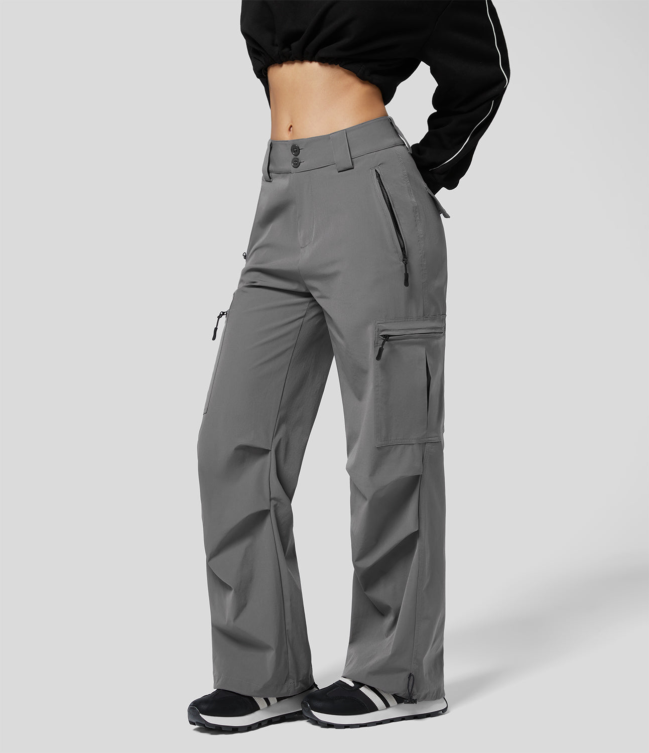 

Halara Mid Rise Button Zipper Multiple Pockets Adjustable Drawcord Casual Cargo Joggers - Ebony